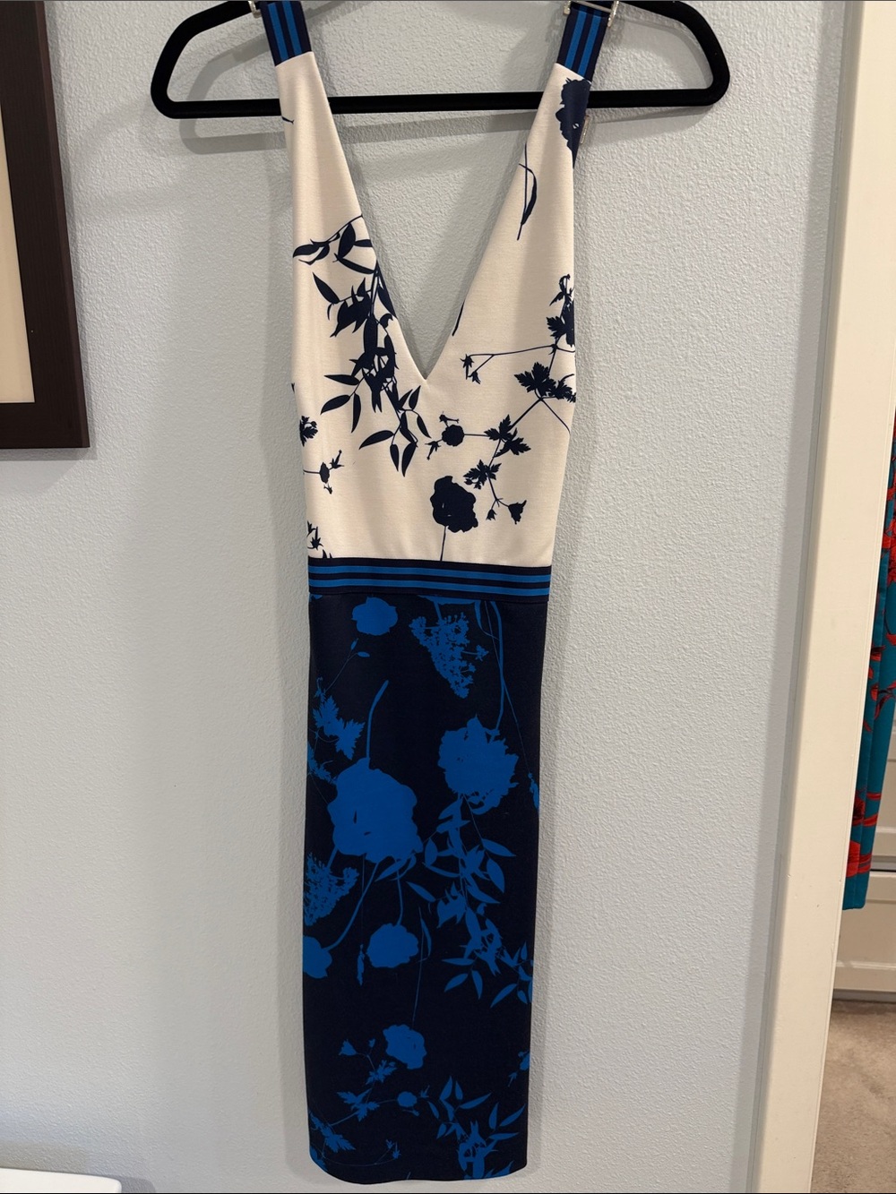 Ted Baker London Cream and Navy Floral V-Neck Midi Dress with Blue Accents
